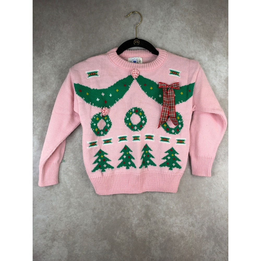 Vintage 90s Hartstrings Christmas Sweater Girls 5/6 Pink Trees Wreaths Plaid Bow